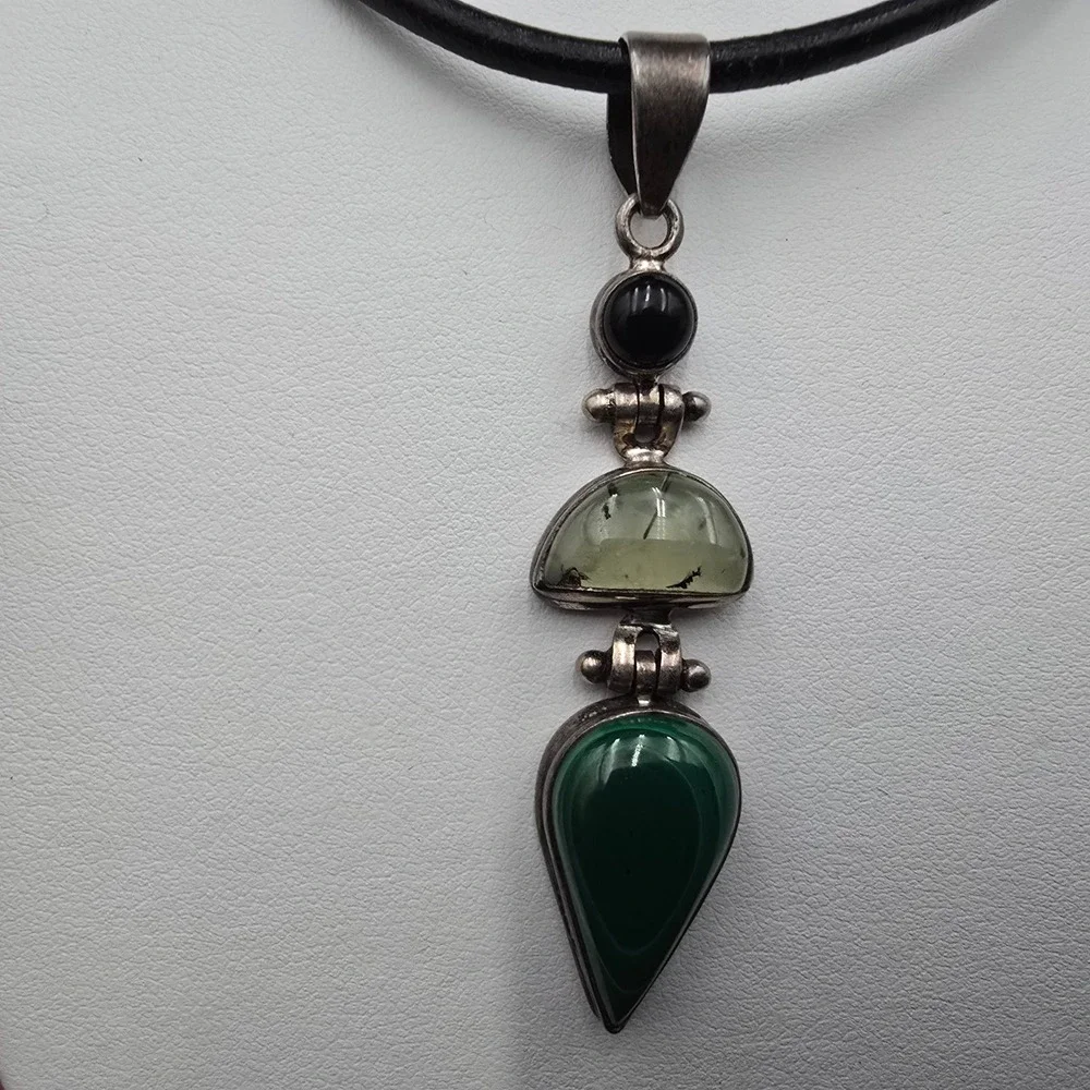 Sterling Silver 925 Malachite Prehnite Onyx Pendant Leather Cord Choker Necklace